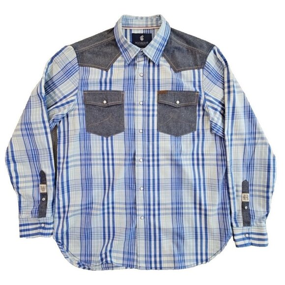 Rocawear Western Shirt Men's XL Blue Plaid Pearl Snap Denim Patches Classic EUC - Picture 1 of 12